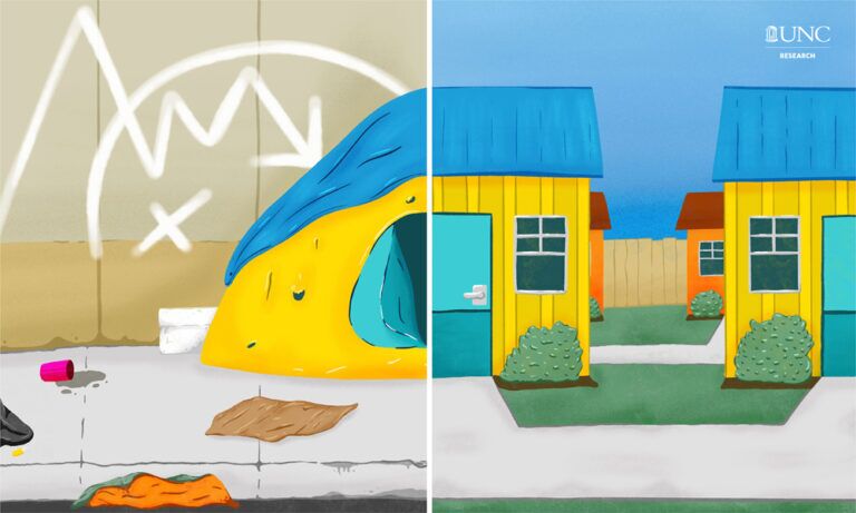 an illustration of a homeless environment on the left and a home environment on the right
