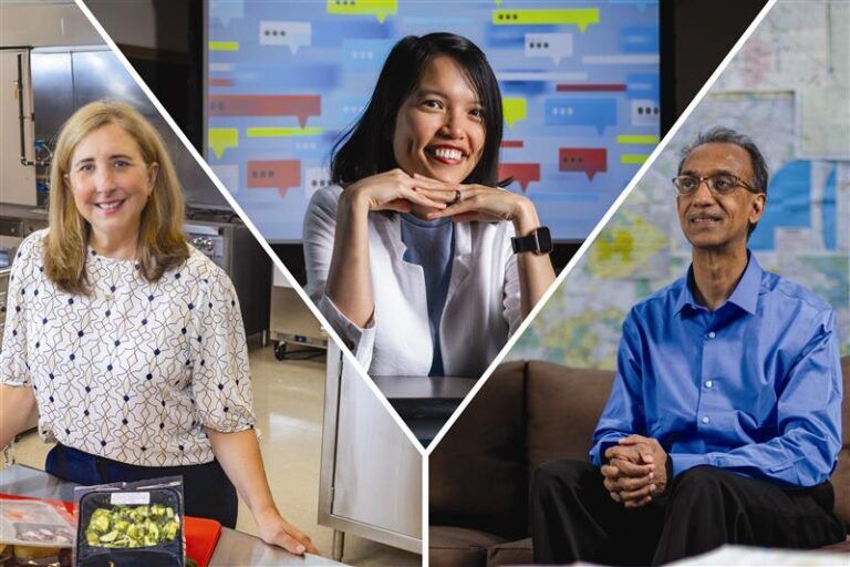 a collage of 3 portraits: a woman in a kitchen with chopped up vegetables, a woman at a desk in front of a screen covered in word bubbles, and a man on a couch with a bunch of maps on the wall behind him