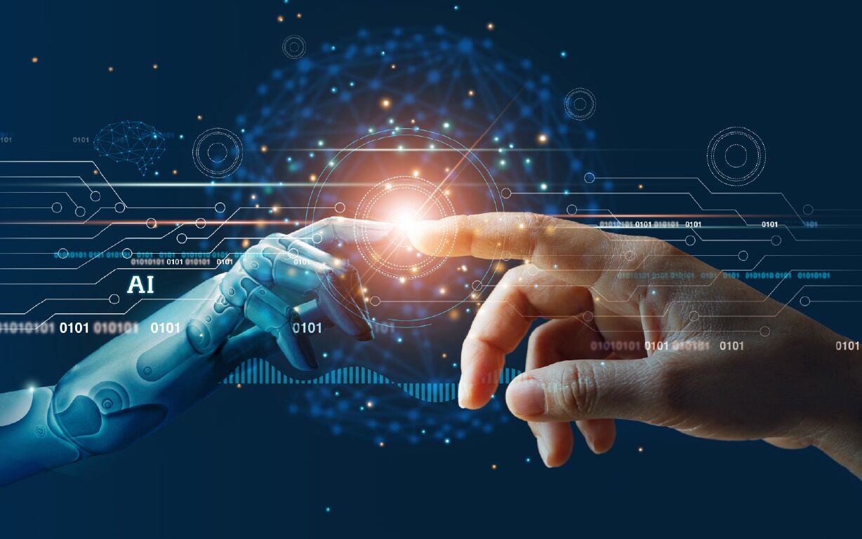 Illustration of human and robotic hands touching index fingers, recalling Michaelangelo's painting of God and Adam on the Sistine Chapel ceiling.