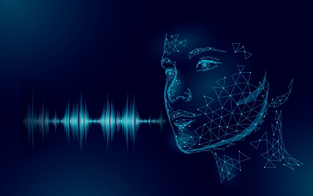 AI-generated illustration featuring a face made of blue triangles seemingly speaking a blue sound wave.