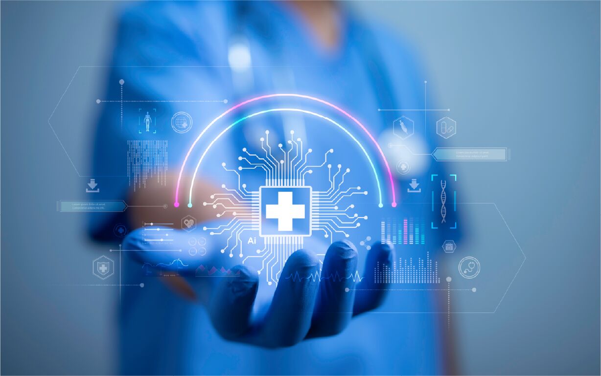 Graphics reminiscent of a medical computer screen overlayed on a photo of a person wearing blue medical scrubs and blue gloves holds out their hand. 